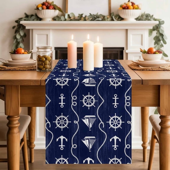 Navy Blue Ocean Table Runner, Rustic Nautical Coastal Sea Beach Sailboat Anchor Rope Washable Cotton-linen Table Runners Dining Kitchen Decoration for Everyday Home Wedding Party Decor, 13 x 36 Inch