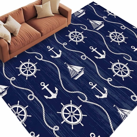Navy Blue Ocean Washable Living Room Rugs 9'x12', Rustic Nautical Coastal Sea Beach Sailboat Anchor Rope Low Pile Throw Large Area Rug Non-Slip Edge Binding Carpet for Bedroom Dining Room Office