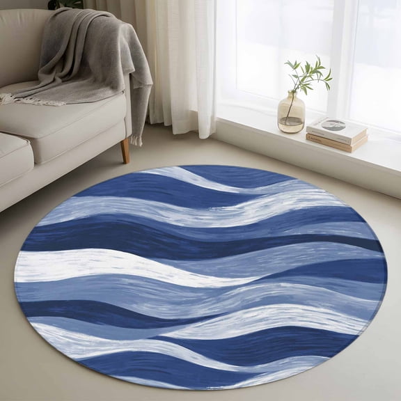 Navy Blue Ocean Waves 4FT Round Area Rugs Abstract Modern Ombre Stripes Soft Small Round Rug Non-Slip, Ultra-Thin Indoor Circle Carpet for Bedroom Entryway Kitchen Bathroom