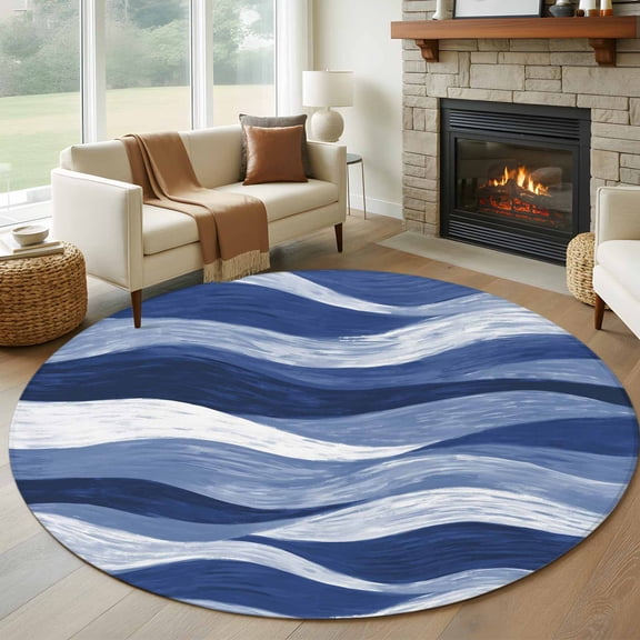Navy Blue Ocean Waves 7' Round Rug for Living Room Conversation Area, Abstract Modern Ombre Stripes Washable Non Slip Large Circle Area Rug
