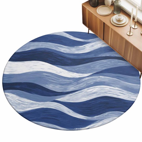 Navy Blue Ocean Waves Area Rug, Abstract Modern Ombre Stripes Non-Slip Felt Rubber Backing Round Indoor Carpet Washable Rugs for Living Room Bedroom 7ft