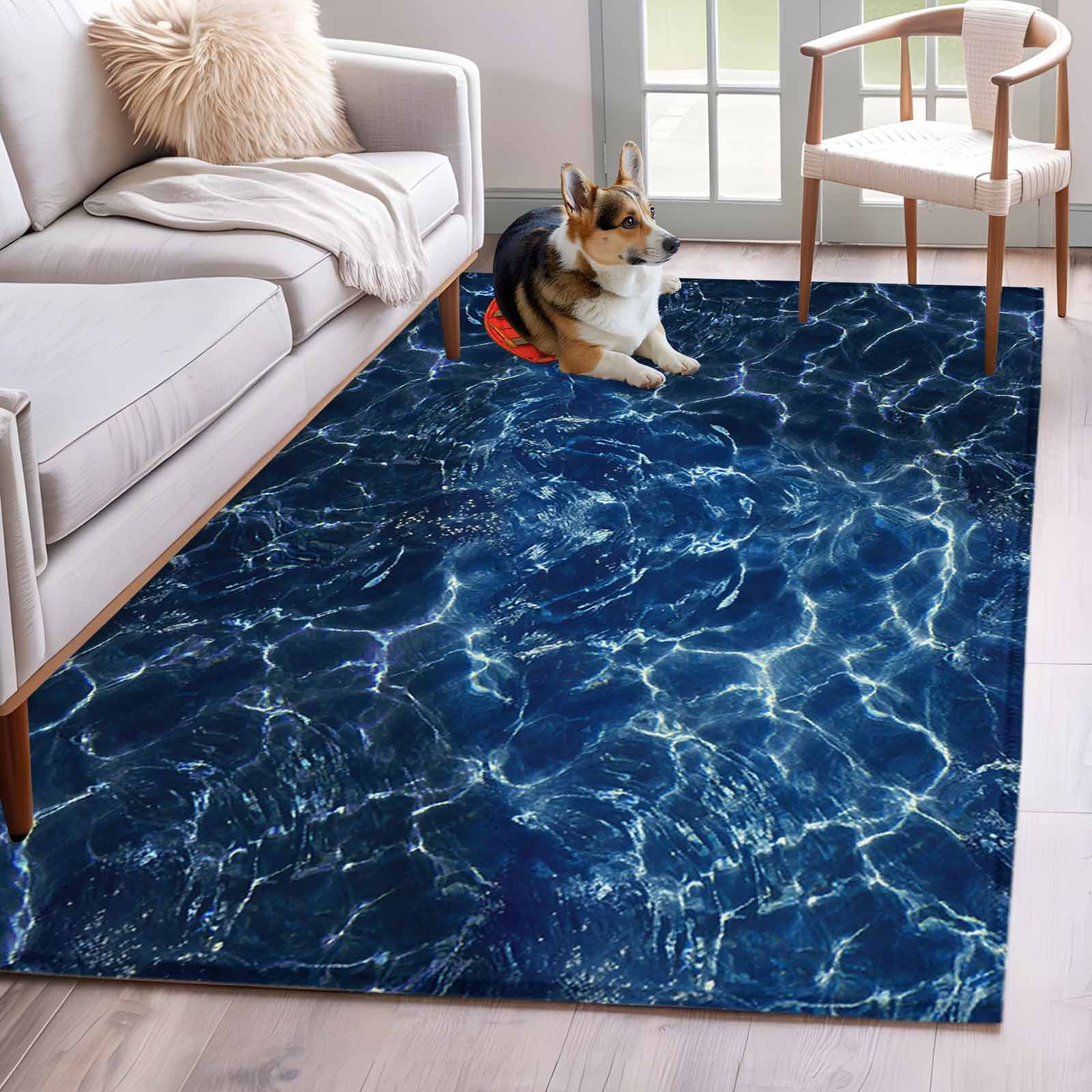 Navy Blue Ocean Waves Area Rugs 2.7'x5', Washable Small Throw Rugs for Kitchen Bedroom, Red Boat Coastal Indoor Outdoor Rug Non-Slip Low Pile Carpet Runner Reversible Floor Mats