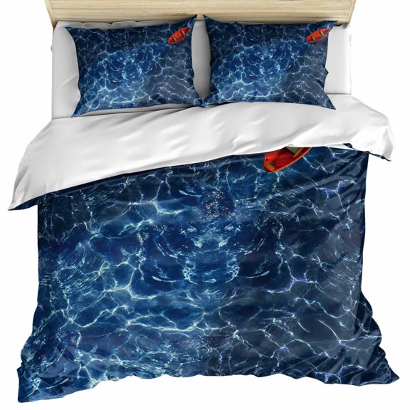 Navy Blue Ocean Waves Duvet Cover Cal. King Size, Red Boat Coastal Comforter Cover with Zipper Closure, 3 Piece Bedding Sets 1 Duvet Cover 96x104 Inches and 2 Pillow Shams
