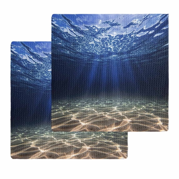 Navy Blue Ocean Waves Kitchen Dish Towels for Drying Dishes Set of 2, Summer Beach Coastal Abstract Waffle Weave Microfiber Hand Tea Bathroom Towels Quick Dry & Absorbent Towel 12x12