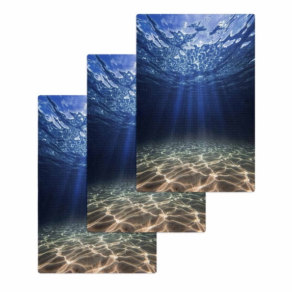 Navy Blue Ocean Waves Kitchen Dish Towels for Drying Dishes Set of 3, Summer Beach Coastal Abstract Waffle Weave Microfiber Hand Tea Bathroom Towels Quick Dry & Absorbent Towel 15.7x23.6
