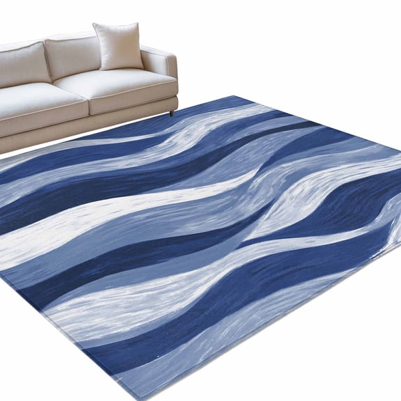 Navy Blue Ocean Waves Large Area Rugs 6x9ft Abstract Modern Ombre Stripes Washable Rug, Non Slip Indoor Carpet Absorbent Floor Mat for Living Room Bedroom Dining Room