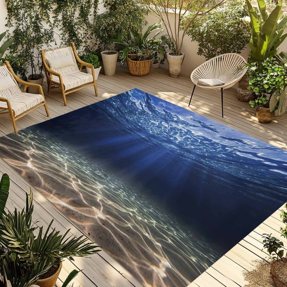 Navy Blue Ocean Waves Outdoor Rug for Patio/Deck/Porch, Non-Slip Large Area Rug 6 x 9 Ft, Summer Beach Coastal Abstract Indoor Outdoor Rugs Washable Area Rugs, Reversible Camping Rug Carpet Runner