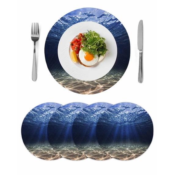 Navy Blue Ocean Waves Round 15 Inch Placemats Set of 4, Summer Beach Coastal Abstract HeatResistant Non Slip Place Mats for Dining Table, Wipeable Braided Kitchen Table Mats for Housewarming
