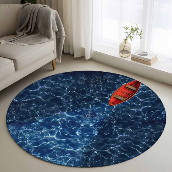 Navy Blue Ocean Waves Round Area Rug 4ft, Red Boat Coastal Washable Non-Slip Circle Rugs for Bedroom Living Room Kitchen, Soft Non Shedding Circle Carpet for Dining Room Dorm