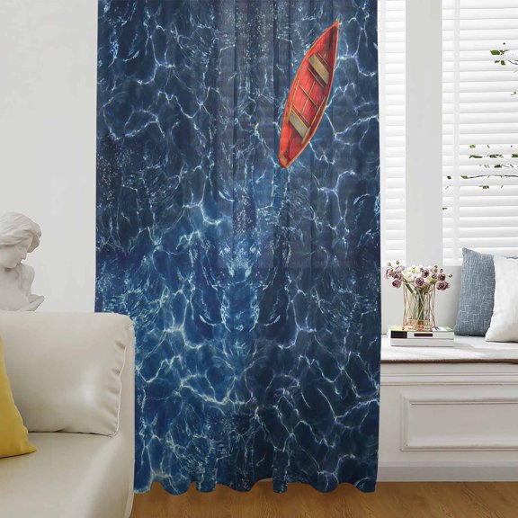Navy Blue Ocean Waves Sheer Curtains 108 Inches Long for Living Room/Bedroom, Red Boat Coastal Rod Pocket Voile Kitchen Curtains & Drapes Window Treatment 1 Panel, 52"W x 108"L