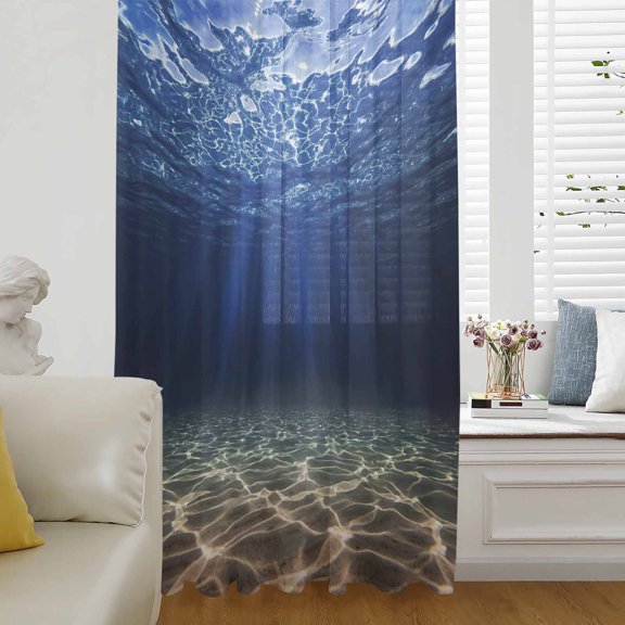 Navy Blue Ocean Waves Sheer Curtains 54 Inches Long for Living Room/Bedroom, Summer Beach Coastal Abstract Rod Pocket Voile Kitchen Curtains & Drapes Window Treatment 1 Panel, 52"W x 54"L