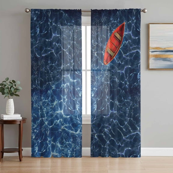 Navy Blue Ocean Waves Sheer Curtains 72 Inches Long 2 Panels Set, Window Sheer Curtains for Living Room/Bedroom, Red Boat Coastal Light Filtering Rod Pocket Curtain 52''x72''x2