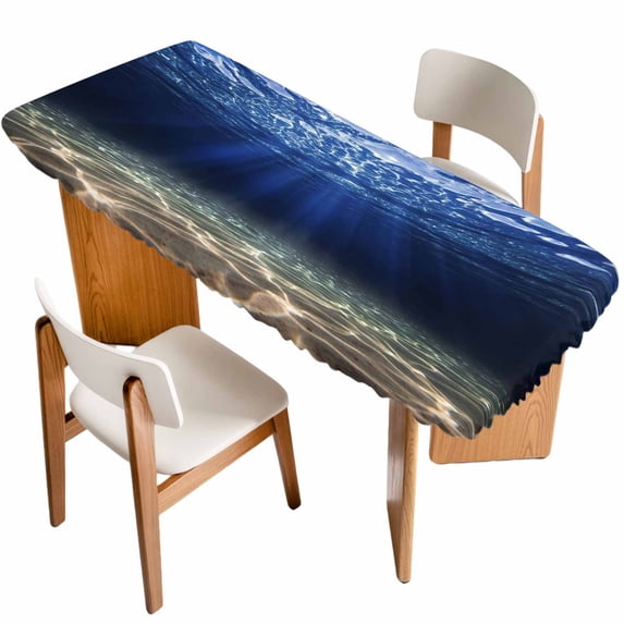 Navy Blue Ocean Waves Table Cloths for 8 Foot Rectangle Tables, Summer Beach Coastal Abstract Patio Waterproof Elastic Fitted Tablecloths, Washable Rectangular Table Cover for Camping