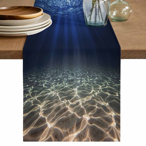 Navy Blue Ocean Waves Table Runner 72 Inches, Summer Beach Coastal Abstract Bed Runner Dresser Scarves Tabletop for Indoor Outdoor Parties/Ceremony/Banquet, 18" x 72"
