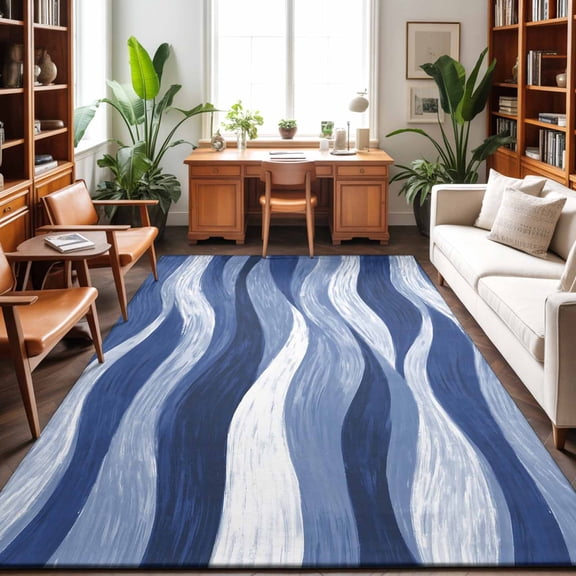 Navy Blue Ocean Waves Washable Area Rug 8 x 10 ft Abstract Modern Ombre Stripes, Soft Non Slip Rugs Stain Repellent Indoor Felt Carpet for Living Dining Room Bedroom Home Office