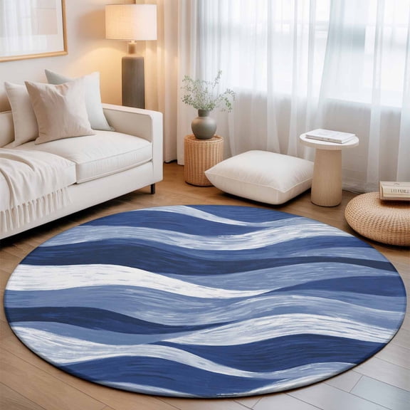 Navy Blue Ocean Waves Washable Round Area Rug 3 ft, Abstract Modern Ombre Stripes, Soft Non Slip Rugs Stain Repellent Indoor Felt Carpet for Living Dining Room Bedroom Home Office