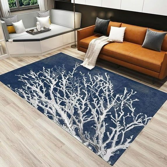 Navy Blue Ocean White Coral Area Rug, Retro Coastal Nautical Creature Theme Decorative Rugs, With Anti-Slip Backing Washable Carpet For Living Room Bedroom Dining Room Office 4 x 6ft