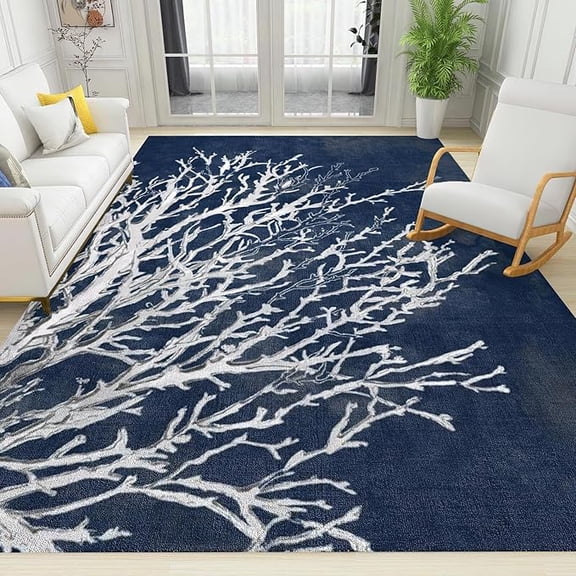 Navy Blue Ocean White Coral Area Rugs, Coastal Nautical Creature Theme Indoor Non-Slip Rug, With Anti-Slip Easy Clean Carpet For Living Room Bedroom Dining Room Home Office 5 x 7ft