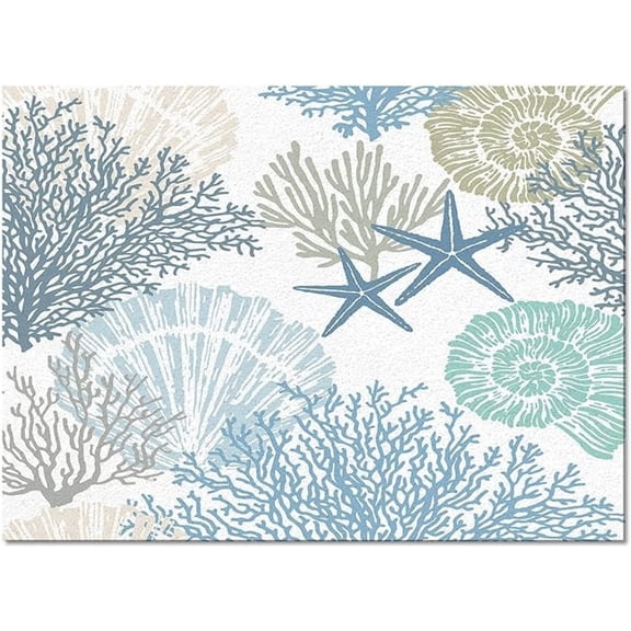 Navy Blue Ocean White Coral Area Rugs, Coastal Nautical Creature Theme Indoor Non-Slip Rug, With Anti-Slip Easy Clean Carpet For Living Room Bedroom Kitchen Dining Room 1x2ft
