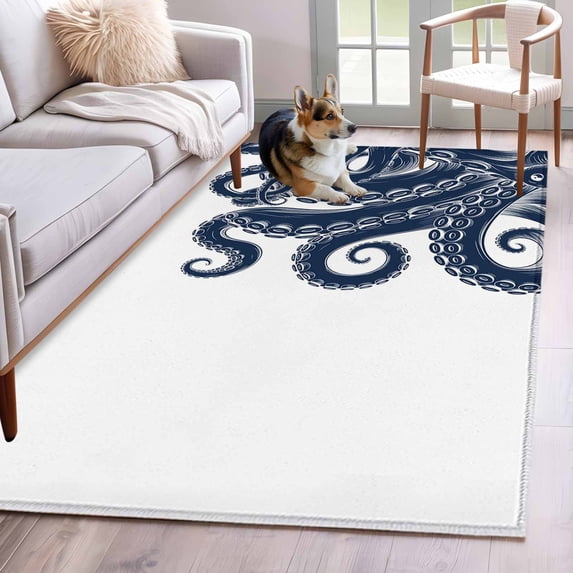 Navy Blue Octopus Area Rugs 3'x5', Washable Small Throw Rugs for Living Room Bedroom, Coastal Ocean Animals Nautical Indoor Outdoor Rug Non-Slip Low Pile Carpet Runner Reversible Floor Mats