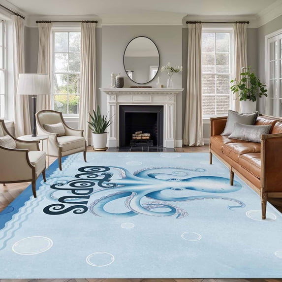Navy Blue Octopus Area Rugs 5'x7', Washable Small Throw Rugs for Laundry Room Playroom, Coastal Bubbles Ocean Waves Indoor Outdoor Rug Non-Slip Low Pile Carpet Runner Reversible Floor Mats