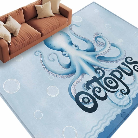 Navy Blue Octopus Area Rugs Collection 5'x8', Coastal Bubbles Ocean Waves Non Slip Indoor Rectangle Throw Runner Rug Floor Mat Carpet for Living Room Dining Table Bedroom Nursery
