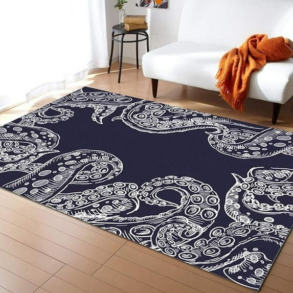 Navy Blue Octopus Area Rugs, Deep Sea Tentacle Easy Clean Rug, Soft Non-Skid Carpet Throw Rug For Kids Teen Girls Boys Bedroom, Living Room Bathroom Classroom Office 4x6ft