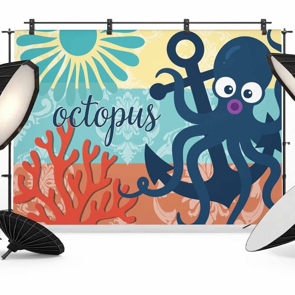 Navy Blue Octopus Backdrop for Photography, Boho Coastal Corals Sun Marine Life Photo Backdrop Portrait Background Party Banner Photo Backgrounds for Studio Booth Props, 7x5ft