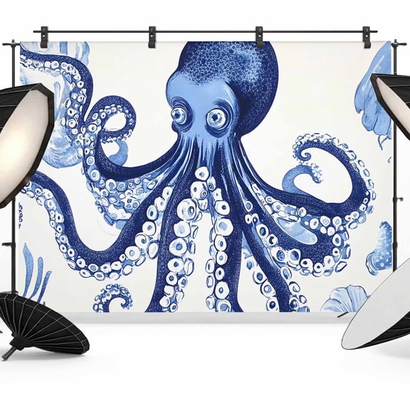 Navy Blue Octopus Coastal Backdrop for Photography,Fabric Photo Background Backdrop,Nautical Summer Beach Ocean Photo Booth Background for Portrait Photoshoot Video Wedding Decoration Banner 10x8ft