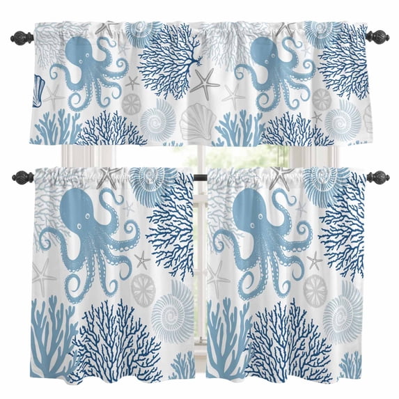 Navy Blue Octopus Coastal Kitchen Curtains Sets for Windows 24 Inch Length, Nautical Coral Starfish Rod Pocket Window Treatments Tier Curtains and Valances Set for Bedroom/Bathroom