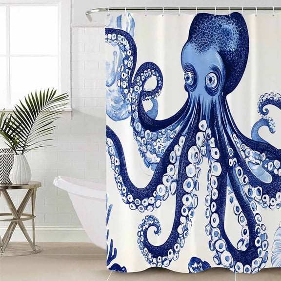 Navy Blue Octopus Coastal Long Shower Curtain Set, Waterproof Shower Curtains for Bathroom, Nautical Summer Beach Ocean Washable Fabric Cloth Bath Curtain for Bathtub with Hooks 72x84 Inches