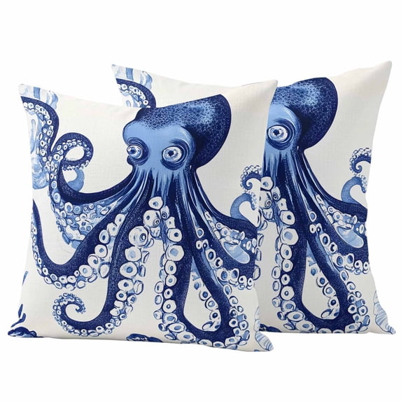 Navy Blue Octopus Coastal Outdoor Waterproof Pillow Covers, Nautical Summer Beach Ocean Decorative Square Throw Pillowcase Sofa Cushion Sham for Patio/Couch/Chair, 24"x24" 2 Pack