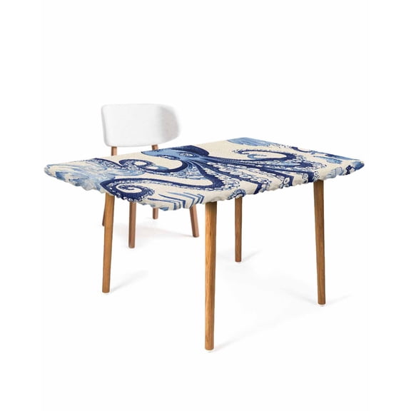 Navy Blue Octopus Coastal Rectangle Tablecloth, Waterproof Elastic Fitted Table Covers for 4 Foot Tables, 24x50inch Decorative Tablecloths for Picnic, Camping, Outdoor, Nautical Summer Beach Rustic