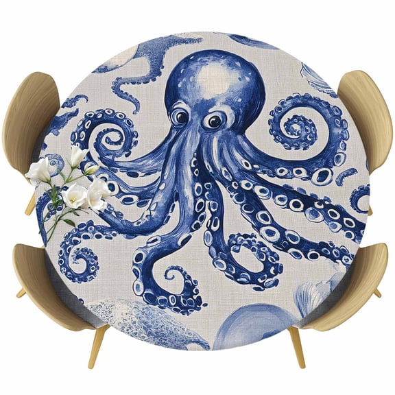 Navy Blue Octopus Coastal Round Tablecloth 36-44 Inch Round Fitted Table Cloth with Elastic Edge, Summer Beach Ocean Rustic Waterproof Table Cover Protector for Outdoor Picnic Party Dining