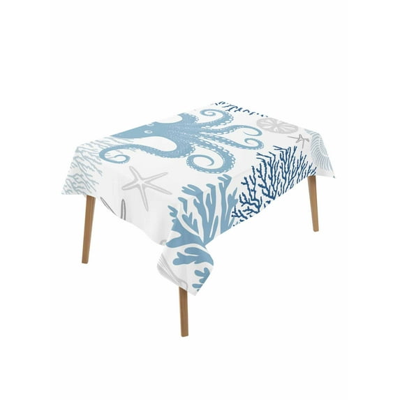 Navy Blue Octopus Coastal Table Cloth, Nautical Coral Starfish Waterproof Tablecloth for Rectangle Tables, Reusable Washable Fabric Table Cover for Restaurant Kitchen Dining Tables 60"x102"