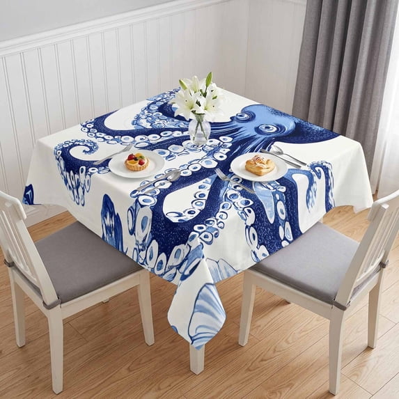 Navy Blue Octopus Coastal Table Cloth Waterproof Tablecloths, Nautical Summer Beach Ocean Tablecloth Dining Table Cover for Kitchen Party Tabletop Outdoor, Square Tablecloth 54x54 Inch