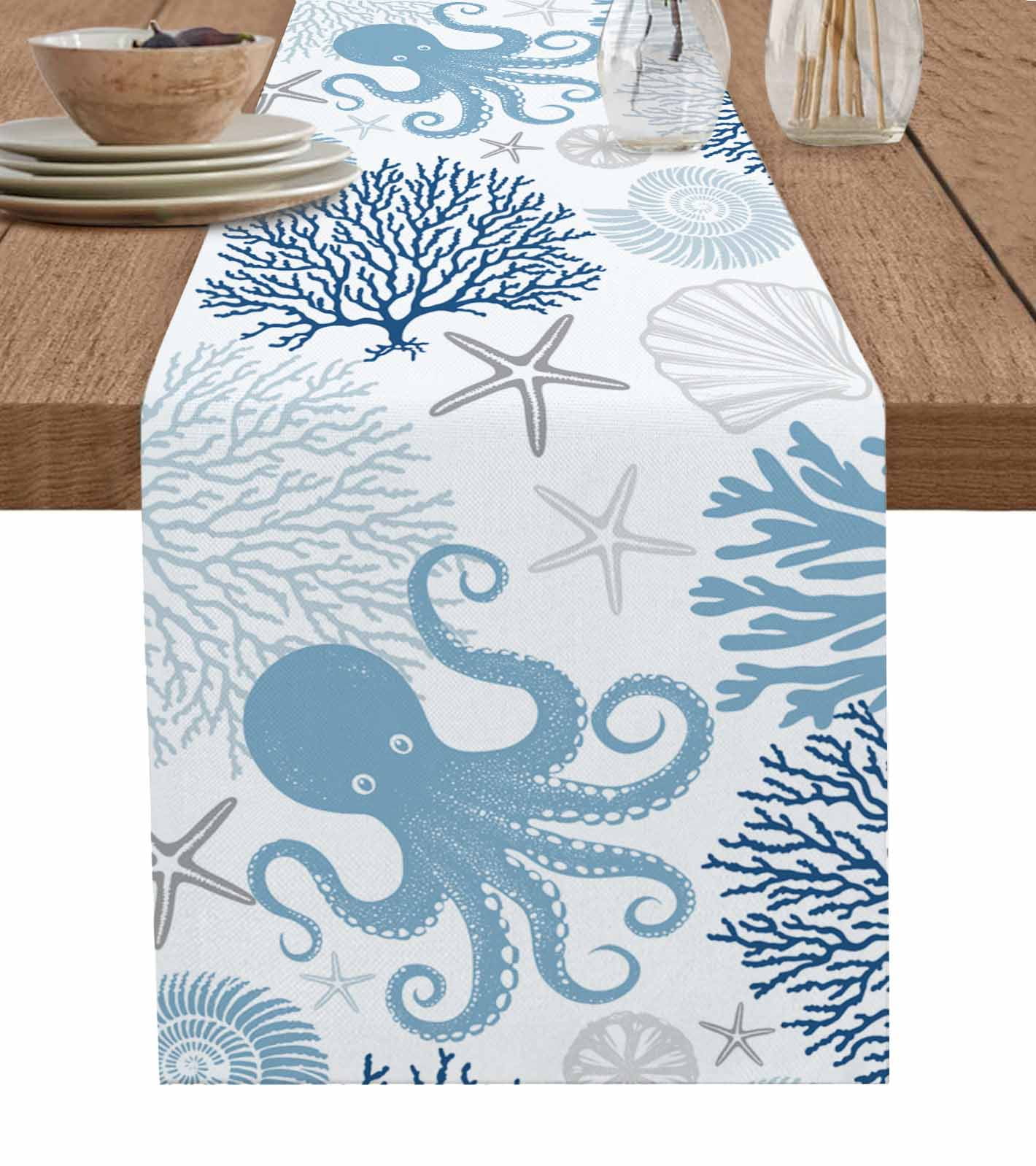 Navy Blue Octopus Coastal Table Runner 72 Inches, Nautical Coral ...