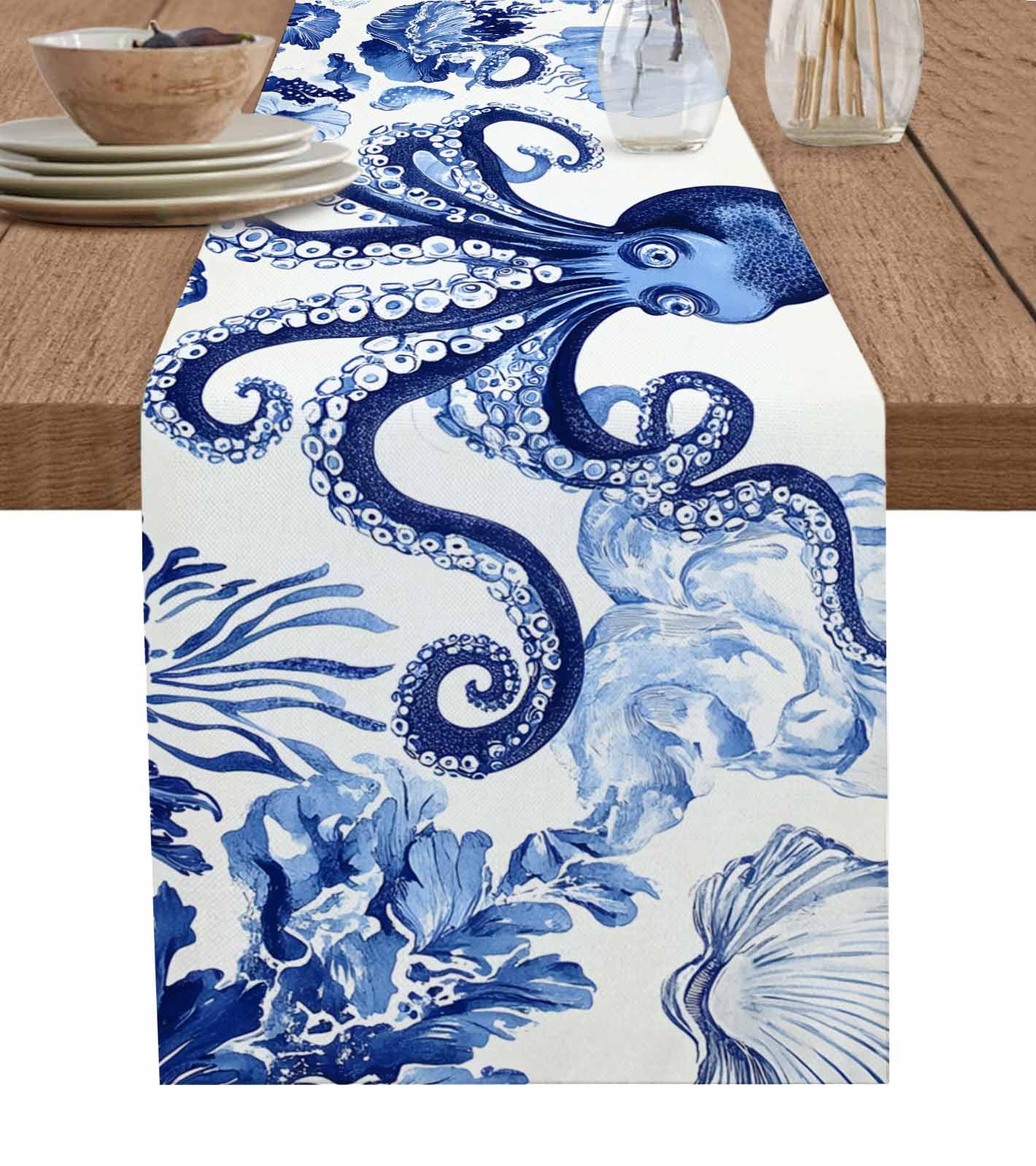 Navy Blue Octopus Coastal Table Runner 72 Inches, Nautical Summer Beach ...