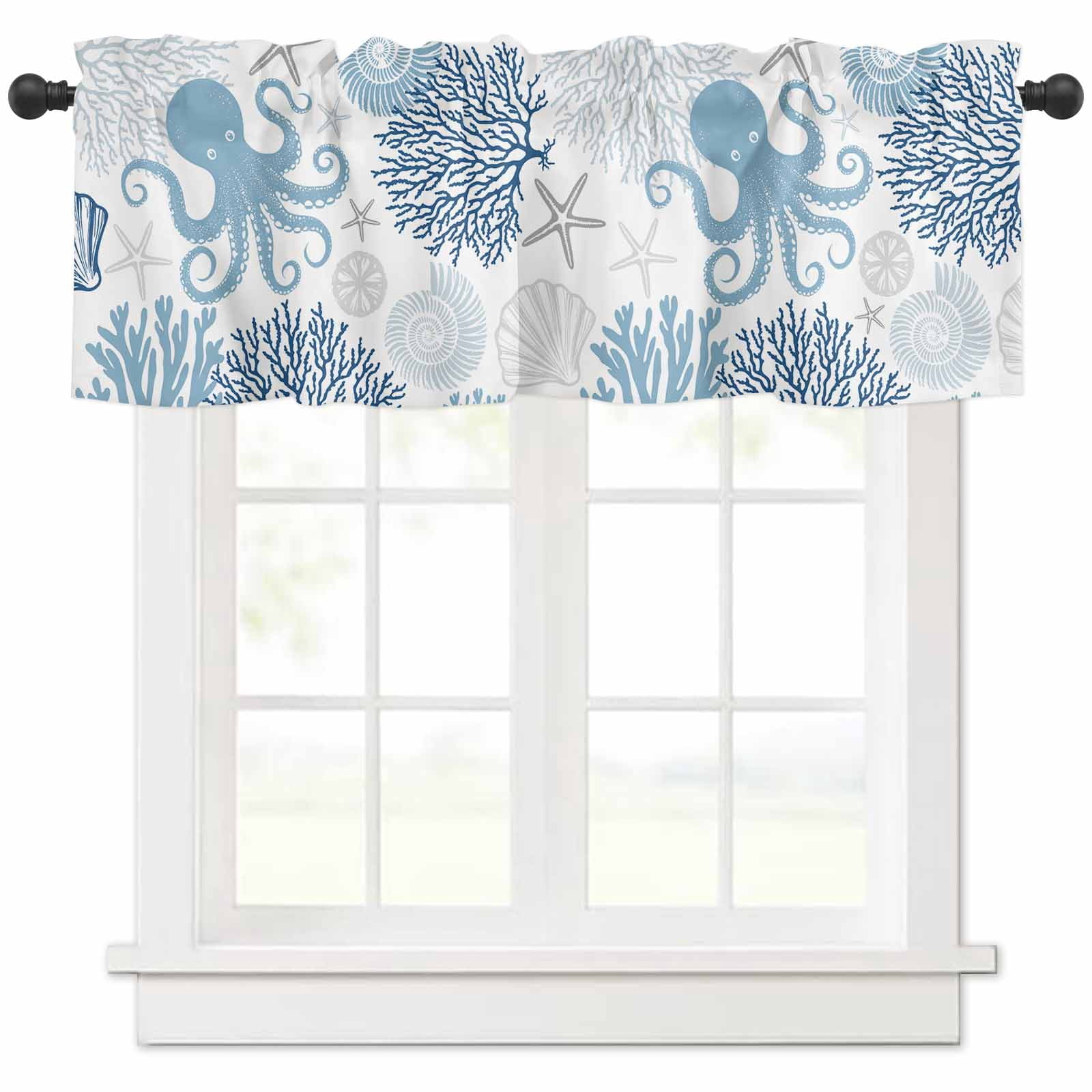 Navy Blue Octopus Coastal Valances for Windows Farmhouse Kitchen ...