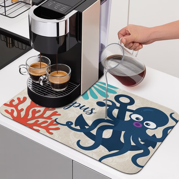 Navy Blue Octopus Dish Drying Mats for Kitchen Counter, Boho Coastal Red Corals Sun Marine Life Absorbent Coffee Bar Mat with Non-slip Rubber Backed Quick Drying Dish Rack Pad 12"x16"