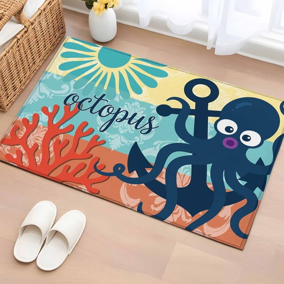 Navy Blue Octopus Entryway Rug 2'x3' Boho Coastal Corals Sun Marine Life Small Area Rug Non-Slip Front Door Mat Washable Floor Carpet for Indoor Entrance Kitchen Bathroom