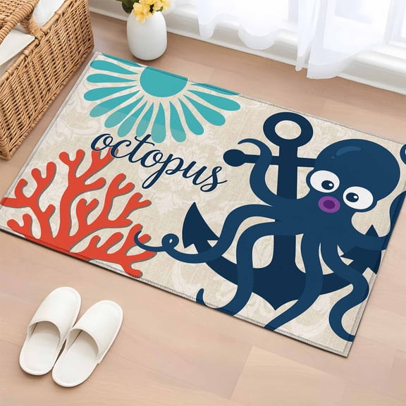 Navy Blue Octopus Entryway Rug 2'x3' Boho Coastal Red Corals Sun Marine Life Small Area Rug Non-Slip Front Door Mat Washable Floor Carpet for Indoor Entrance Kitchen Bathroom