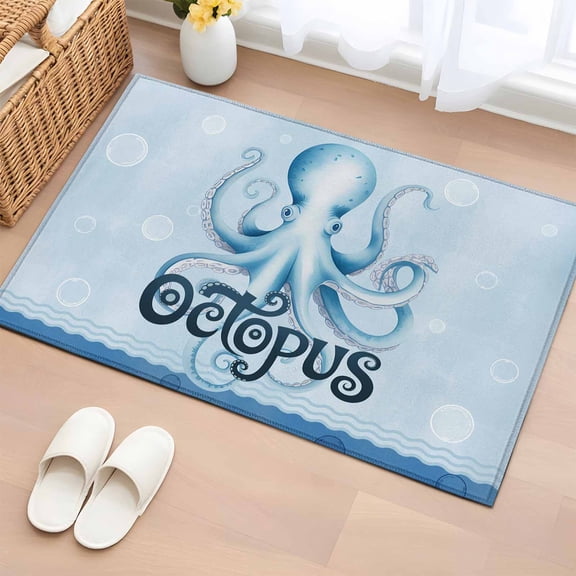 Navy Blue Octopus Entryway Rug 2'x3' Non Slip Front Door Mats, Coastal Bubbles Ocean Waves Entrance Rugs Indoor Outdoor Carpet, Washable Floor Mats Small Area Rug for Bedroom Kitchen