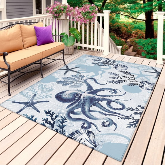 Navy Blue Octopus Nautical Outdoor Rug for Patio/Deck/Porch, Non-Slip Large Area Rug 3 x 5 Ft, Coastal Summer Ocean Coral Shell Indoor Outdoor Rugs Washable Area Rugs, Camping Rug Carpet Runner