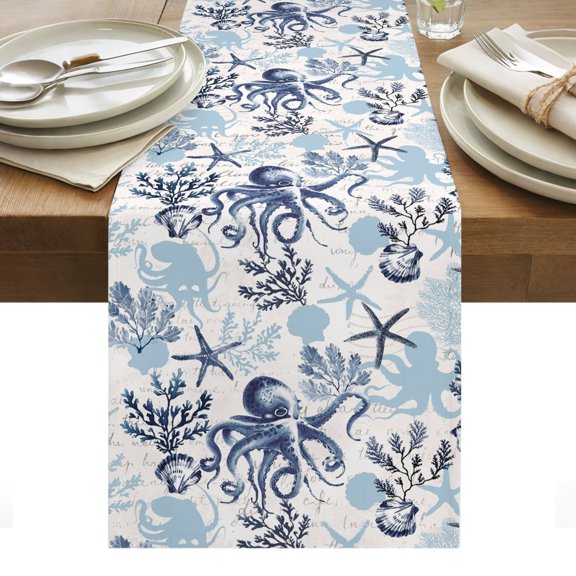 Navy Blue Octopus Nautical Table Runner Coastal Summer Coral Shell Ocean Tablerunners 13 x 36 Inch, Table Decorations Tabletop Scarf for Summer Gathering Holiday Farmhouse Kitchen Dining Decor