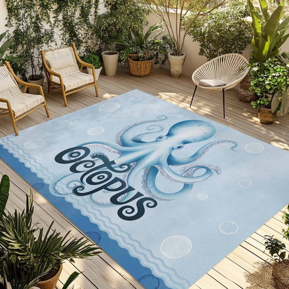 Navy Blue Octopus Outdoor Rug for Patio/Deck/Porch, Non-Slip Large Area Rug 3 x 5 Ft, Coastal Bubbles Ocean Waves Indoor Outdoor Rugs Washable Area Rugs, Reversible Camping Rug Carpet Runner