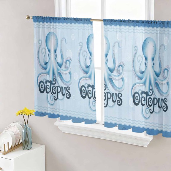 Navy Blue Octopus Sheer Curtains 45 Inches Length 2 Panels Set, Window Sheer Curtains for Living Room/Bedroom, Coastal Bubbles Ocean Waves Light Filtering Rod Pocket Curtain 52''x45''x2