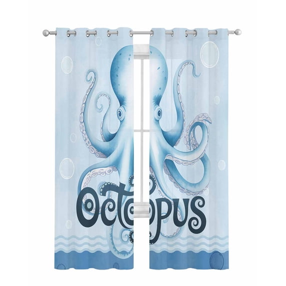 Navy Blue Octopus Sheer Curtains 63 Inch Length 2 Panels Set for Living Room/Bedroom, Coastal Bubbles Ocean Waves Kitchen Curtains Grommet Semi-Sheer Curtains Drapes Voile Window Treatments 42"x63"x2