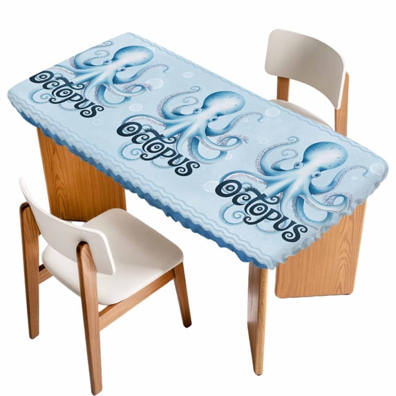 Navy Blue Octopus Table Cloths for 4 Foot Rectangle Tables, Coastal Bubbles Ocean Waves Patio Waterproof Elastic Fitted Tablecloths, Washable Rectangular Table Cover for Camping