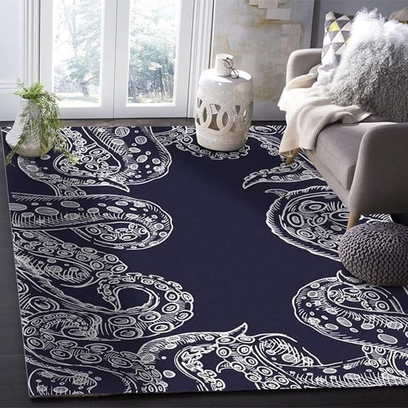 Navy Blue Octopus Tentacle Area Rug, Modern Deep Sea Print Carpet, Indoor Non-Slip Kids Rugs, Machine Washable Breathable Durable Carpet For Front Entrance Floor Decor 1x2ft